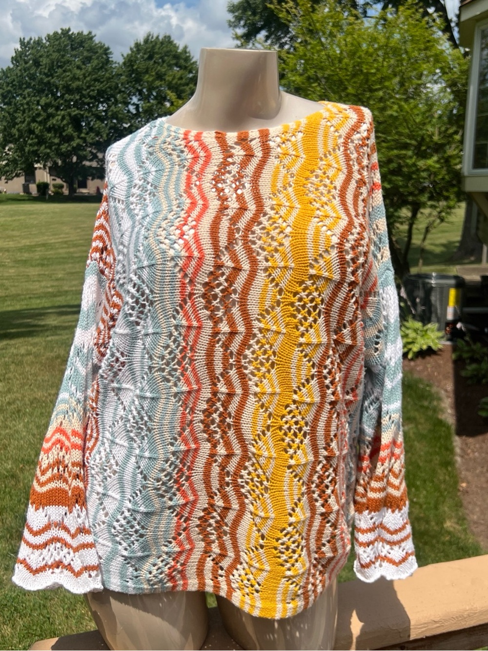 Cato Multicolor Open-Knit Stripe Sweater - Yellow, Rust & Sky Blue XL